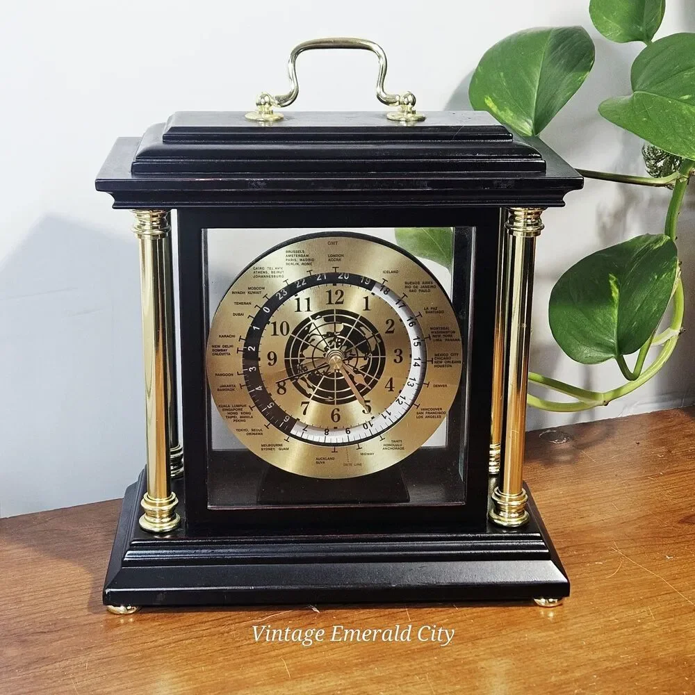Bombay Analog Desk Clock Black Gold Arabic Numerals Wood Glass Battery Operated